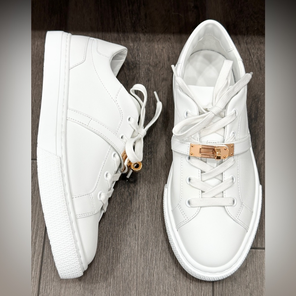 $1.7K HERMES WOMENS DAY WHITE LEATHER WITH ROSE GOLD HW FASHION SNEAKERS SIZE 38
